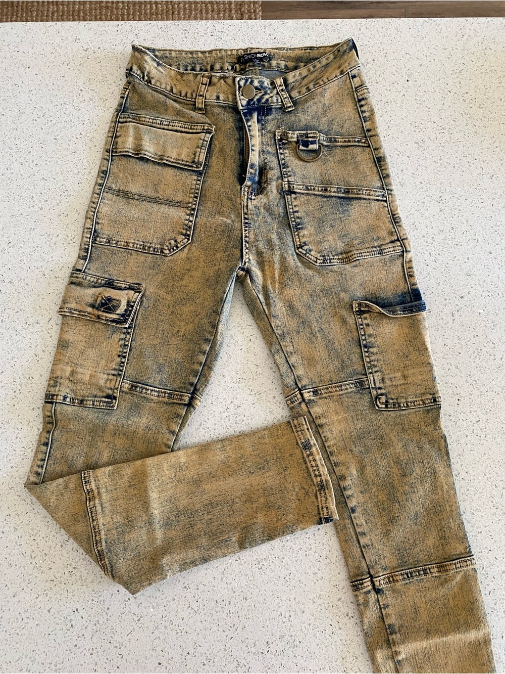 Fashion Nova Distressed Tan Utility Cargo Straight-Leg Pants